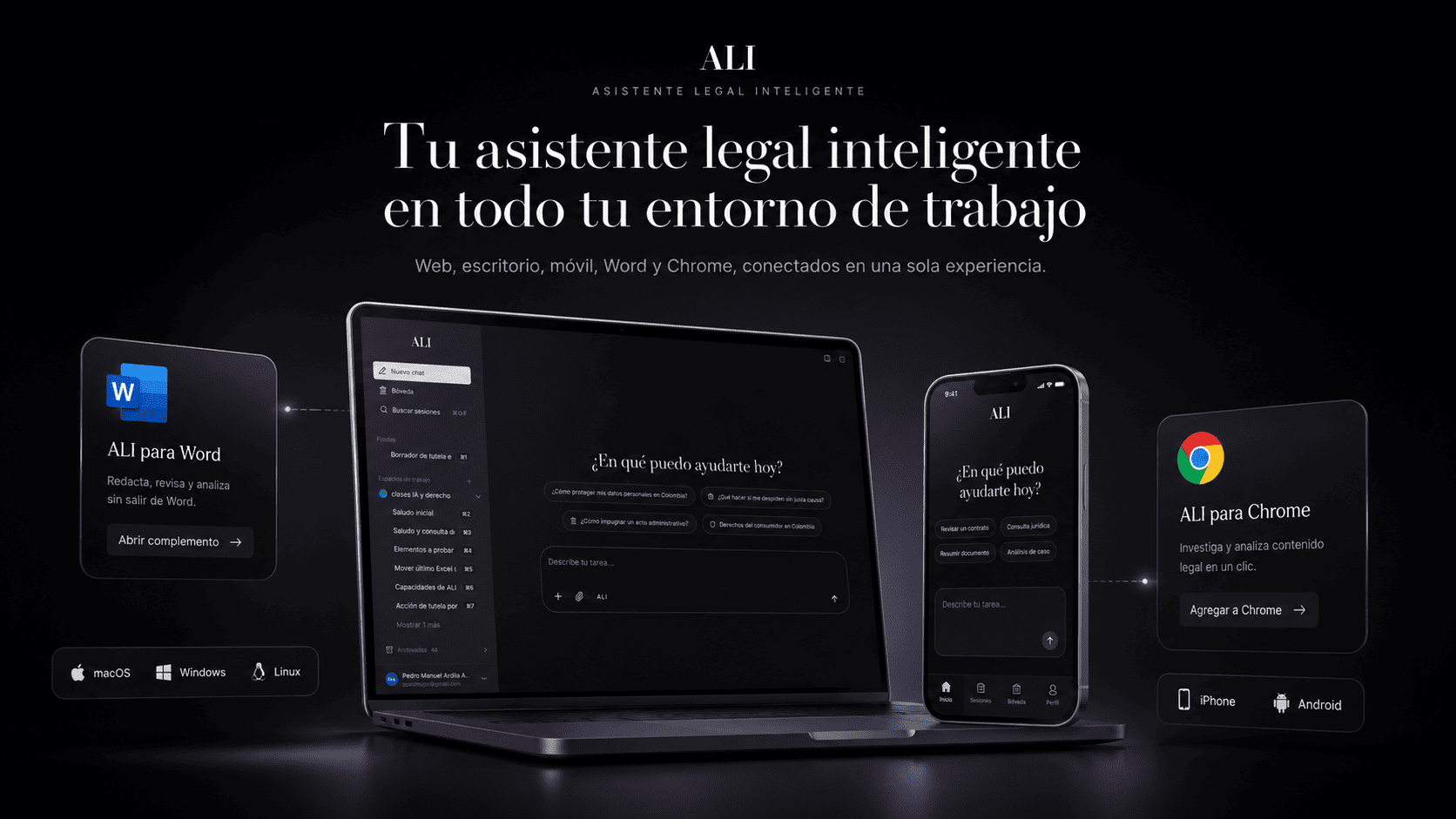 ALI conectado en web, escritorio, móvil, Microsoft Word y Google Chrome